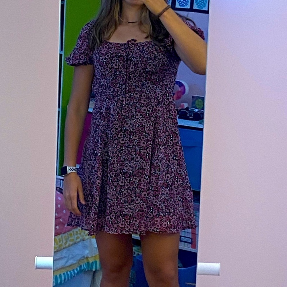Floral puff sleeve square neckline dress